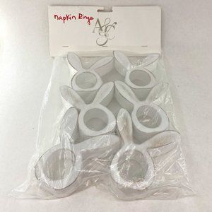 Set of 6 White Painted Heavy Wooden Bunny Rabbit Ears Napkin Rings